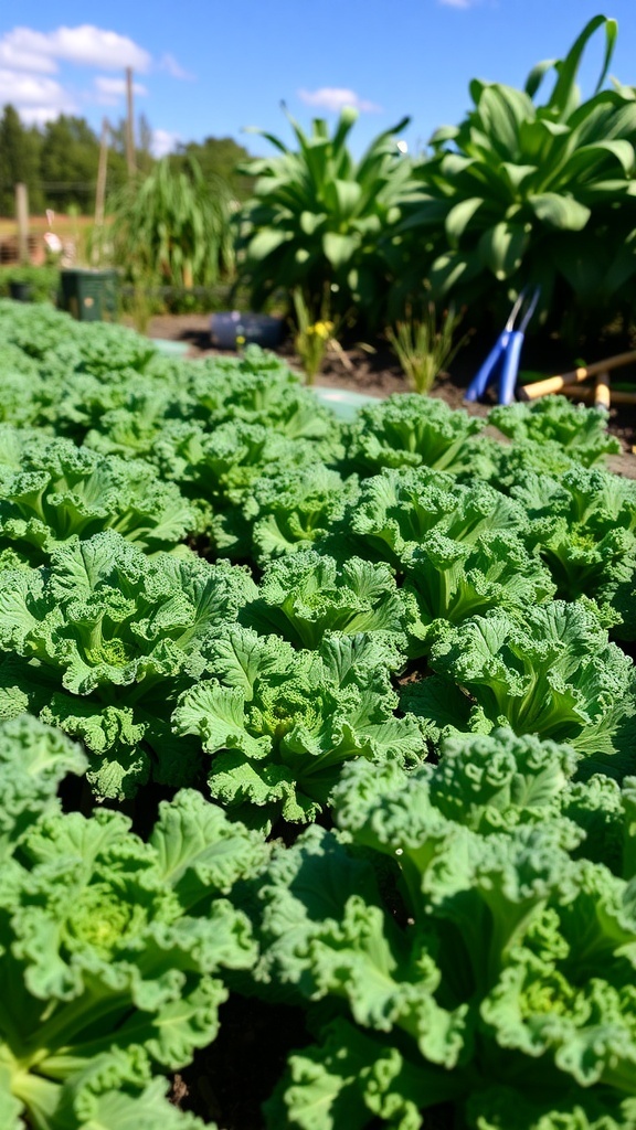 A thriving kale garden with healthy green plants under a sunny sky.